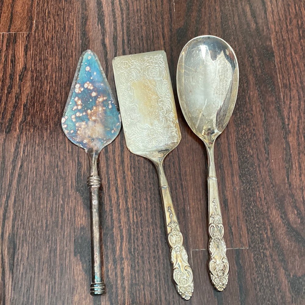 Silver serving pieces, lot of 3.  Pie server, large serving spoon, large spatula